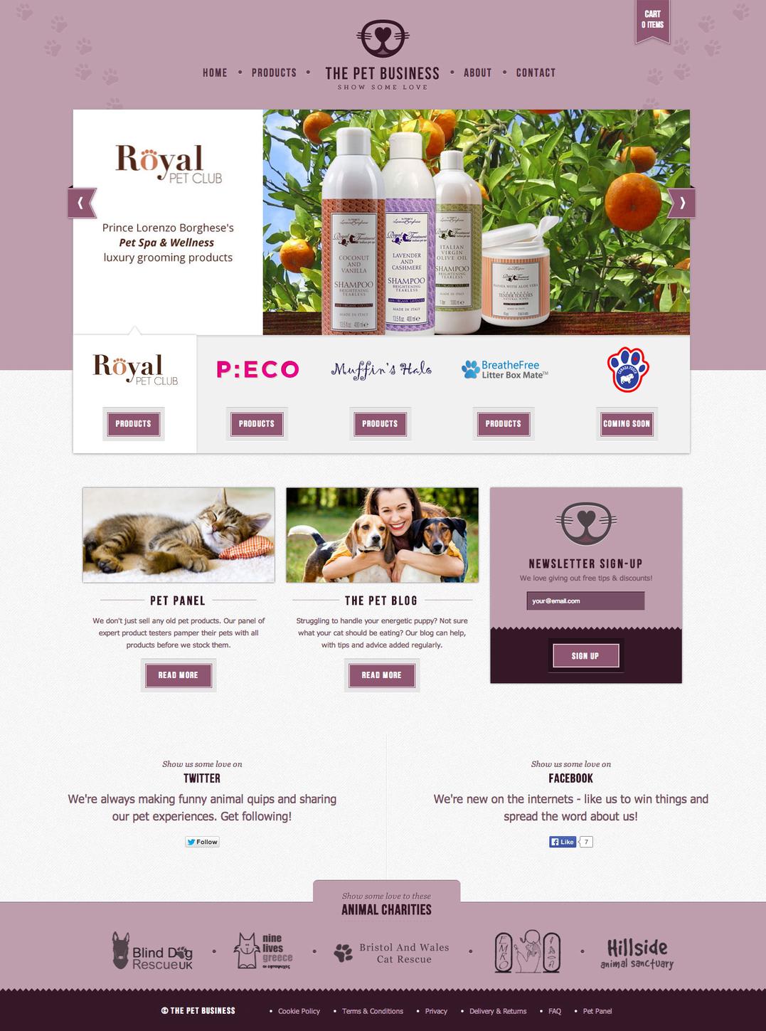 The Pet Business home page featuring a products carousel and various calls to action.