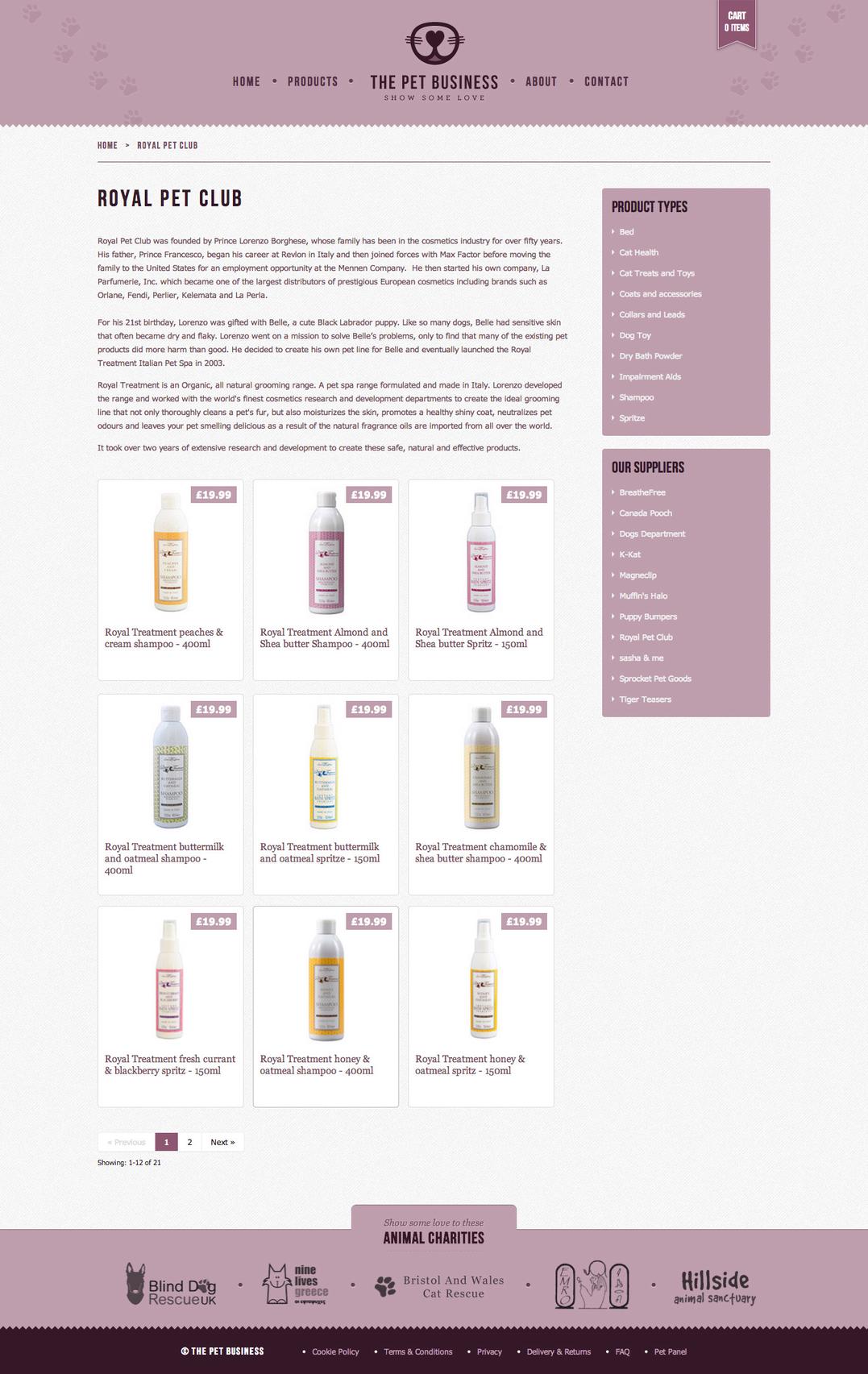 The Pet Business products page, showing a grid of products and filters.