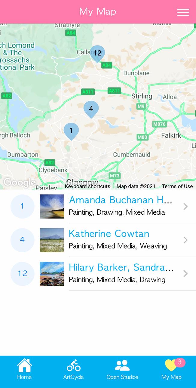 The app My App page showing favourited artists and map