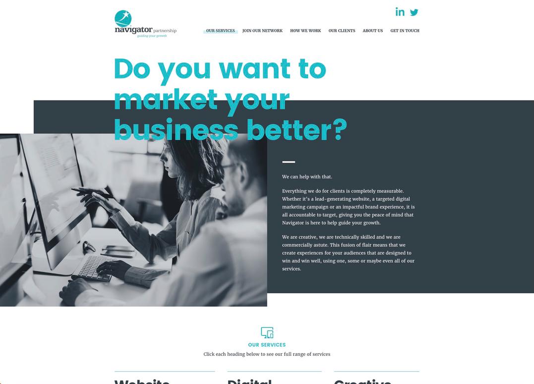 The Navigator Partnership services page showing business imagery and services offered