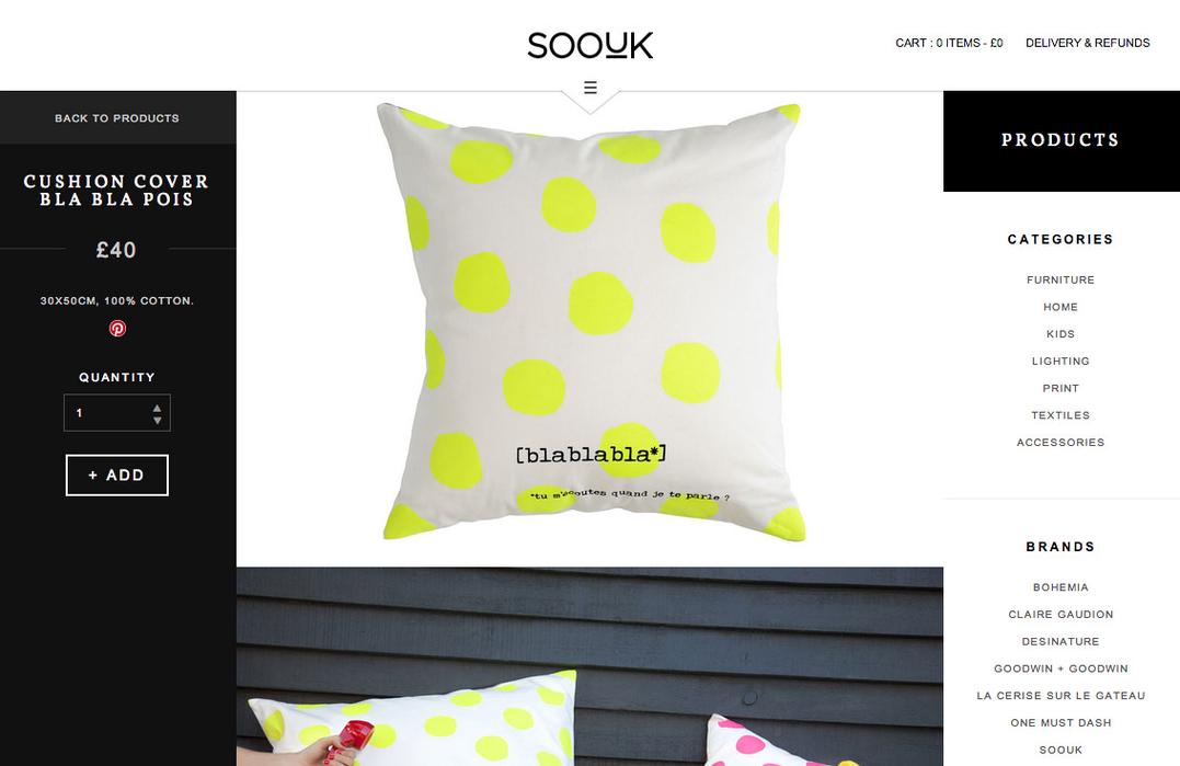 SooUK individual product page showing bright cushion design.